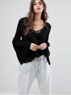 Free People Black Damsel Black Bell Sleeve Knit Sweater